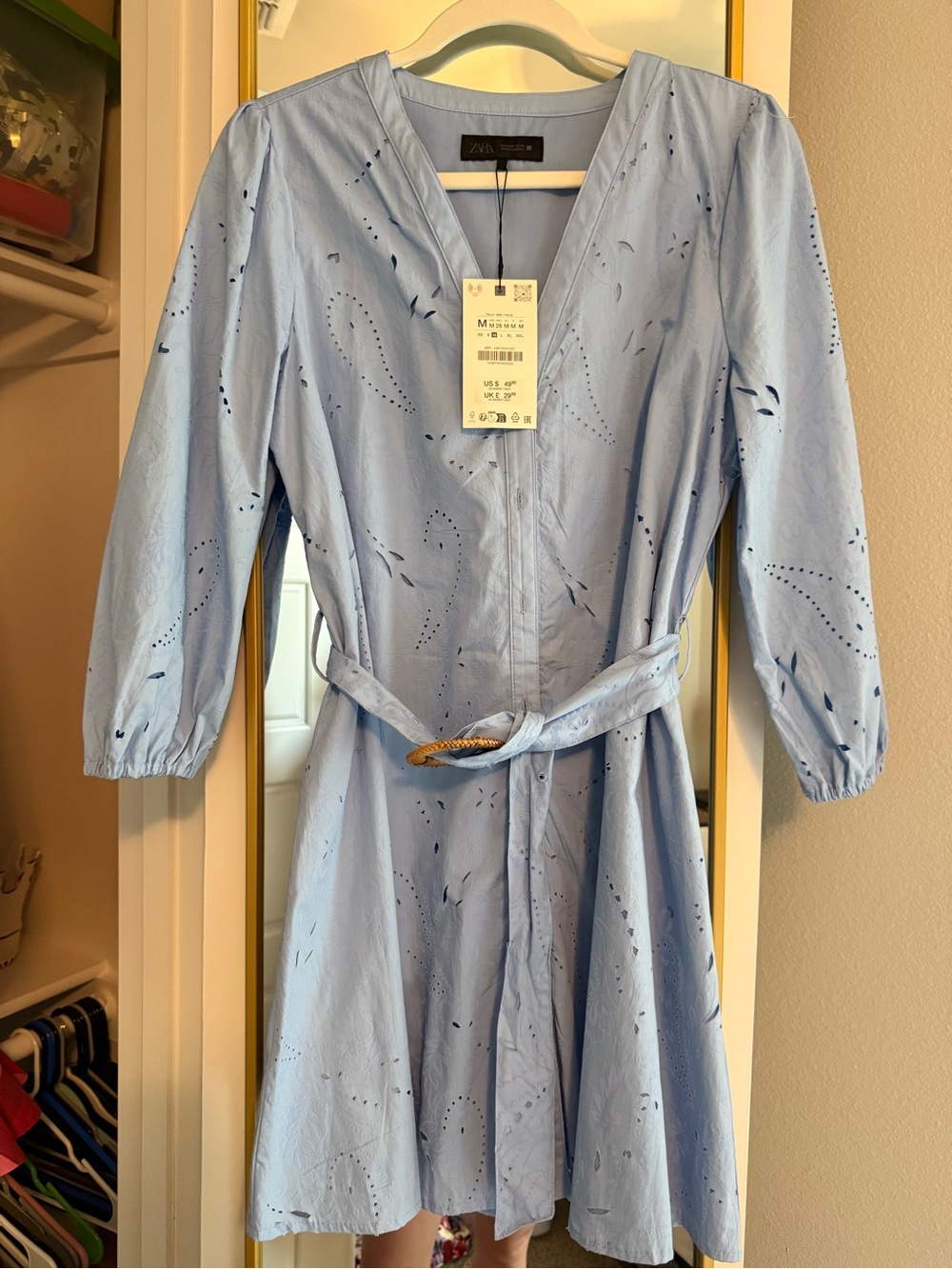 Zara Sky Blue Eyelet Belted V-Neck Dress
